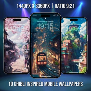 May include: Three mobile phone screen mockups with different backgrounds inspired by Studio Ghibli films. The first phone shows a street scene with cherry blossoms, the second phone shows a train traveling through a city at night, and the third phone shows a colorful cityscape with a green hill in the background. Each phone screen displays the date and time.