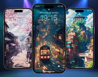 Op Studio Ghibli geïnspireerde telefoonbehang, anime Lofi-achtergrond (10 stuks) (digitale download)