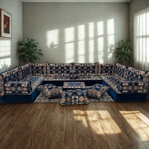Arabic Floor Sofa Set | Home Decor Sofa with Washable Covers | U Shaped Majlis Sectional | 8 Inch Ottoman Floor Couch | Free Shipping