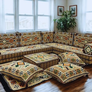 Arabic Floor Sofa | Home Decor Sofa with Washable Covers | L Shaped Majlis Sectional | Ottoman Pillow Couch | Free Express Shipping