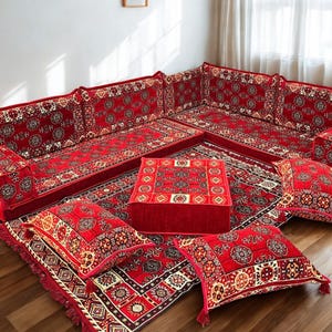 Arabic Floor Sofa | Home Decor Sofa with Washable Covers | 4 Inch L Shaped Majlis Sectional | Ottoman Pillow Couch | Free Express Shipping