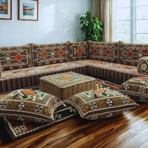 Arabic Floor Sofa | Home Decor Sofa with Washable Covers | L Shaped Majlis Sectional | Ottoman Pillow Couch | Free Express Shipping