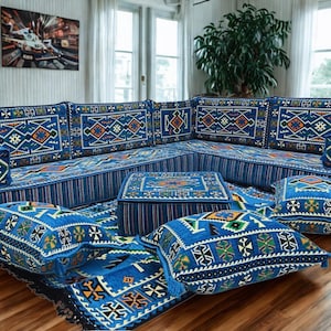 Arabic Floor Sofa | Home Decor Sofa with Washable Covers | L Shaped Majlis Sectional | Ottoman Pillow Couch | Free Express Shipping