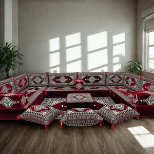 Arabic Floor Sofa Set | Home Decor Sofa with Washable Covers | U Shaped Majlis Sectional | 8 Inch Ottoman Floor Couch | Free Shipping
