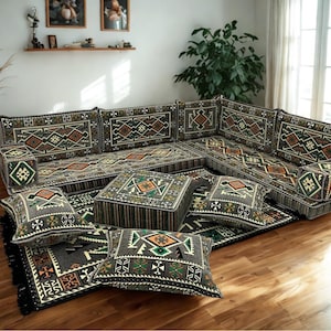 Arabic Floor Sofa | Home Decor Sofa with Washable Covers | 4 Inch L Shaped Majlis Sectional | Ottoman Pillow Couch | Free Express Shipping