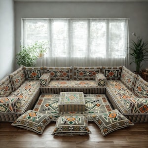 Arabic Floor Sofa Set | Home Decor Sofa with Washable Covers | U Shaped Majlis Sectional | 8 Inch Ottoman Floor Couch | Free Shipping