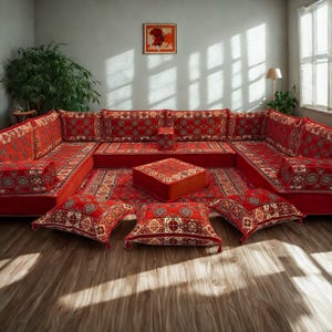Arabic Floor Sofa Set | Home Decor Sofa with Washable Covers | U Shaped Majlis Sectional | 8 Inch Ottoman Floor Couch | Free Shipping
