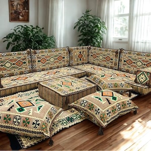 Arabic Floor Sofa | Home Decor Sofa with Washable Covers | 4 Inch L Shaped Majlis Sectional | Ottoman Pillow Couch | Free Express Shipping