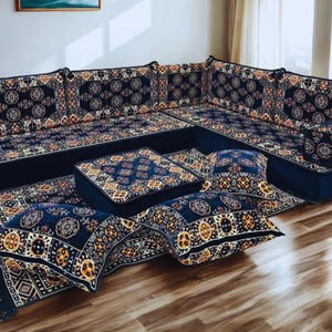 Arabic Floor Sofa | Home Decor Sofa with Washable Covers | L Shaped Majlis Sectional | Ottoman Pillow Couch | Free Express Shipping