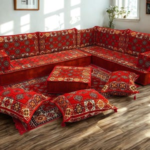 Arabic Floor Sofa | Home Decor Sofa with Washable Covers | L Shaped Majlis Sectional | Ottoman Pillow Couch | Free Express Shipping