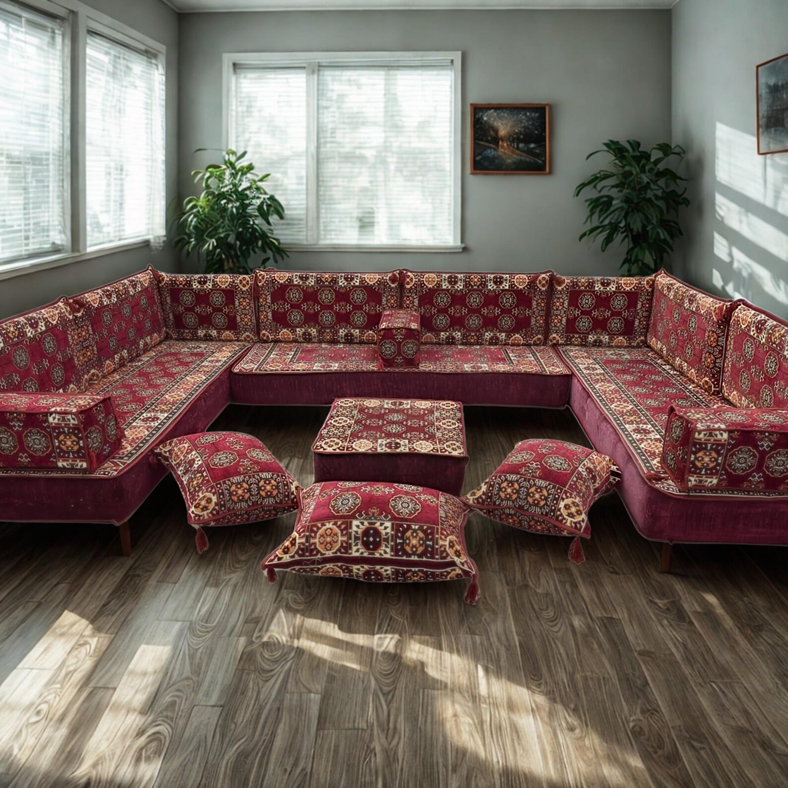 Arabic Floor U Shaped Sofa Set, Majlis Couch With Cushions, Turkish ...
