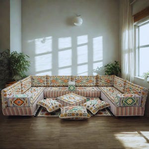 Arabic Floor Sofa Set | Home Decor Sofa with Washable Covers | U Shaped Majlis Sectional | 8 Inch Ottoman Floor Couch | Free Shipping