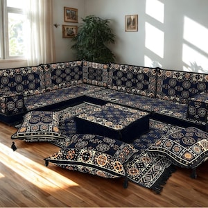 Arabic Floor Sofa | Home Decor Sofa with Washable Covers | 4 Inch L Shaped Majlis Sectional | Ottoman Pillow Couch | Free Express Shipping