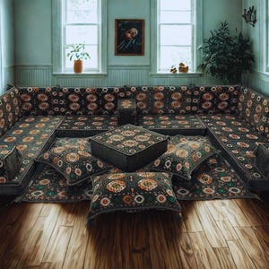 Arabic Floor Sofa Set | Home Decor Sofa with Washable Covers | U Shaped Majlis Sectional | 4 Inch Ottoman Floor Couch with Free Shipping