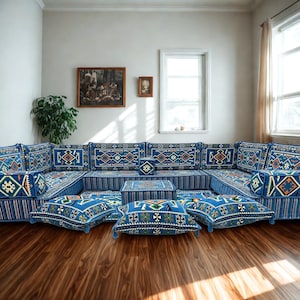 Arabic Floor Sofa Set | Home Decor Sofa with Washable Covers | U Shaped Majlis Sectional | 8 Inch Ottoman Floor Couch | Free Shipping