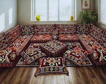 Arabic Floor Sofa Set | Home Decor Sofa with Washable Covers | U Shaped Majlis Sectional | 4 Inch Ottoman Floor Couch with Free Shipping