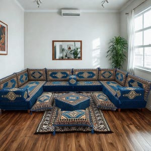 Arabic Floor Sofa Set | Home Decor Sofa with Washable Covers | U Shaped Majlis Sectional | 8 Inch Ottoman Floor Couch | Free Shipping