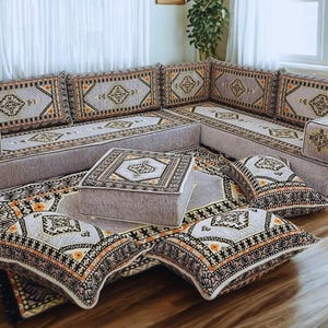 Arabic Floor Sofa: L-Shaped Sectional with 8-Inch Cushions, Washable Covers Included