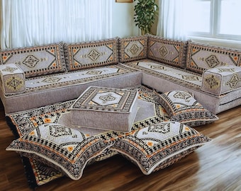 Arabic Floor Sofa | Home Decor Sofa with Washable Covers | L Shaped Majlis Sectional | Ottoman Pillow Couch | Free Express Shipping