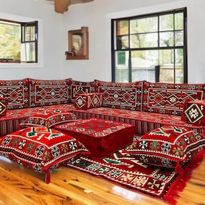 Arabic Floor Sofa | Home Decor Sofa with Washable Covers | L Shaped Majlis Sectional | Ottoman Pillow Couch | Free Express Shipping