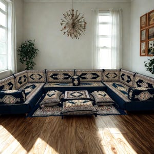 Arabic Floor Sofa Set | Home Decor Sofa with Washable Covers | U Shaped Majlis Sectional | 8 Inch Ottoman Floor Couch | Free Shipping