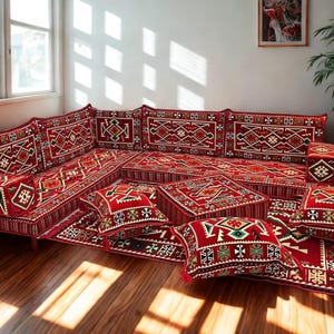 Arabic Floor Sofa | Home Decor Sofa with Washable Covers | 4 Inch L Shaped Majlis Sectional | Ottoman Pillow Couch | Free Express Shipping