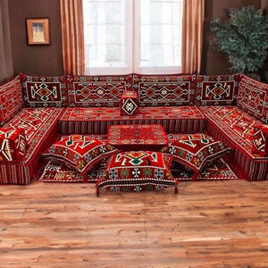 Arabic Floor Sofa Set | Home Decor Sofa with Washable Covers | U Shaped Majlis Sectional | 8 Inch Ottoman Floor Couch | Free Shipping