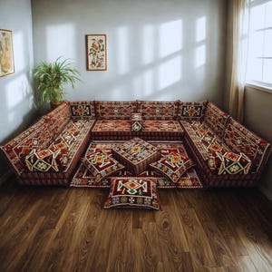 Arabic Floor Sofa Set | Home Decor Sofa with Washable Covers | U Shaped Majlis Sectional | 8 Inch Ottoman Floor Couch | Free Shipping