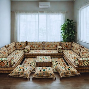 Arabic Floor Sofa Set | Home Decor Sofa with Washable Covers | U Shaped Majlis Sectional | 8 Inch Ottoman Floor Couch | Free Shipping