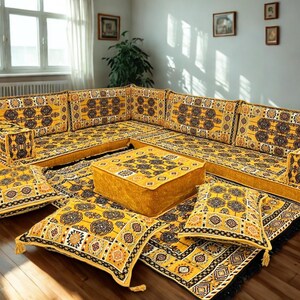 Arabic Floor Sofa | Home Decor Sofa with Washable Covers | 4 Inch L Shaped Majlis Sectional | Ottoman Pillow Couch | Free Express Shipping