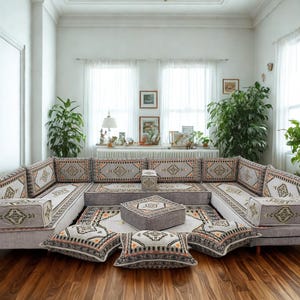 Arabic Floor Sofa Set | Home Decor Sofa with Washable Covers | U Shaped Majlis Sectional | 8 Inch Ottoman Floor Couch | Free Shipping