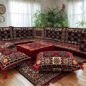Arabic Floor Sofa | Home Decor Sofa with Washable Covers | 4 Inch L Shaped Majlis Sectional | Ottoman Pillow Couch | Free Express Shipping
