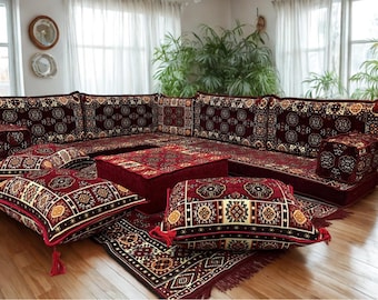 Arabic Floor Sofa | Home Decor Sofa with Washable Covers | 4 Inch L Shaped Majlis Sectional | Ottoman Pillow Couch | Free Express Shipping