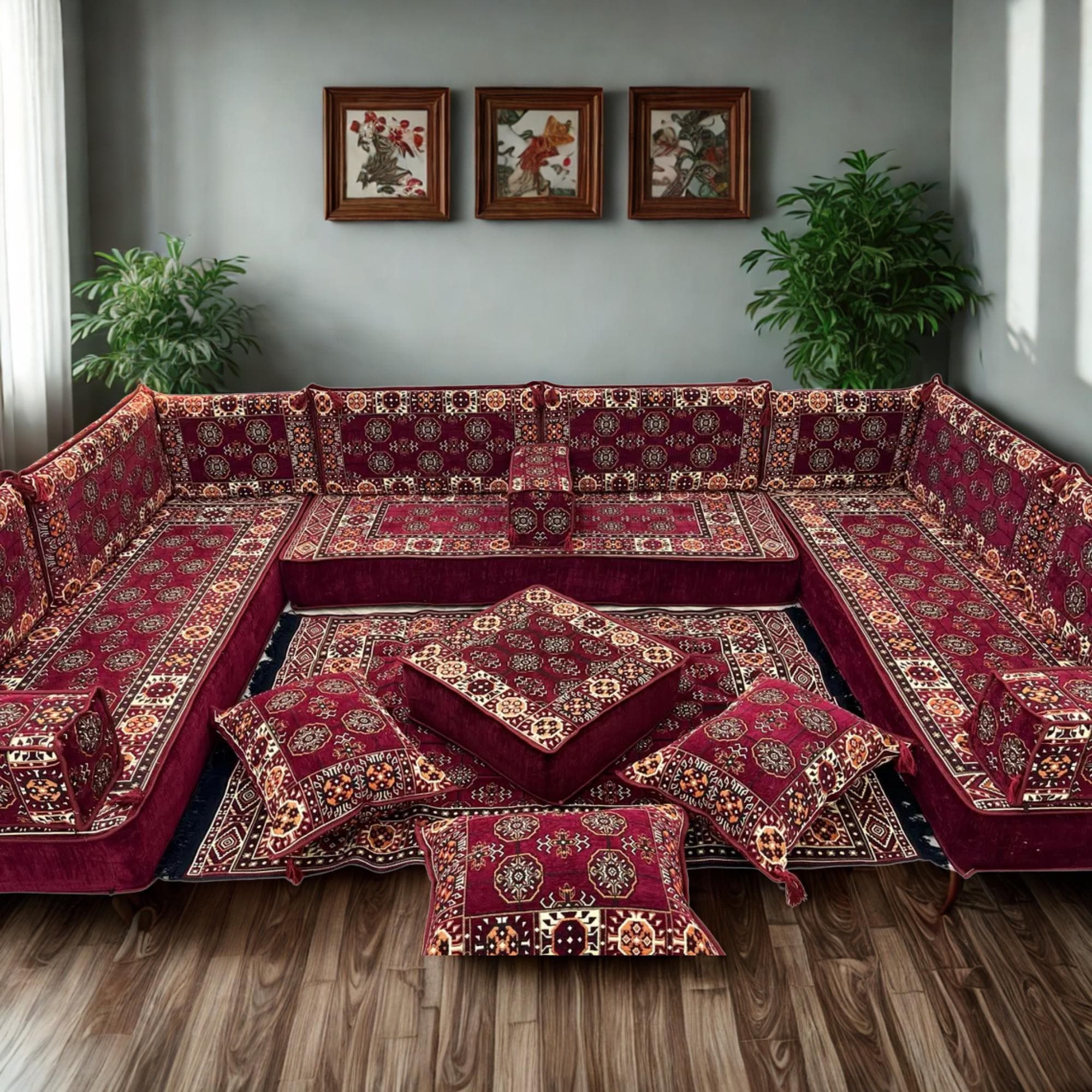 Arabic Floor Sofa Set | Home Decor Sofa with Washable Covers | U Shaped Majlis Sectional | 8 Inch Ottoman Floor Couch | Free Shipping
