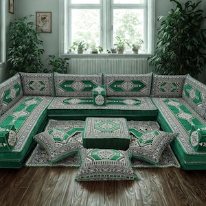 Arabic Floor Sofa Set | Home Decor Sofa with Washable Covers | U Shaped Majlis Sectional | 8 Inch Ottoman Floor Couch | Free Shipping