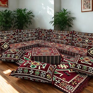 Arabic Floor Sofa | Home Decor Sofa with Washable Covers | 4 Inch L Shaped Majlis Sectional | Ottoman Pillow Couch | Free Express Shipping