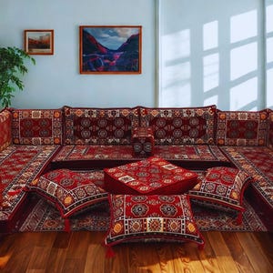 Arabic Floor Sofa Set | Home Decor Sofa with Washable Covers | U Shaped Majlis Sectional | 4 Inch Ottoman Floor Couch with Free Shipping