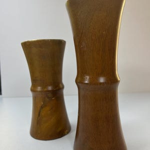 Pair of Vintage bamboo shaped wood pillar candle holders. 10&quot; and 8&quot; tall.  holds 3&quot; pillar candle