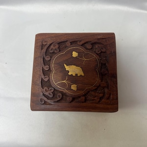 Vintage antique hand carved wood box with brass inlay.