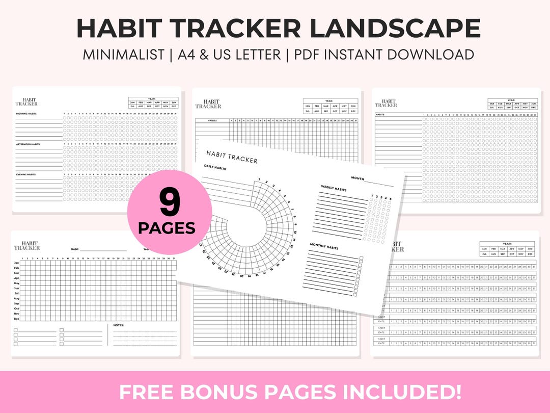 9 Habit Tracker Bundle Printable, Minimalist Landscape Trackers, A4 ...