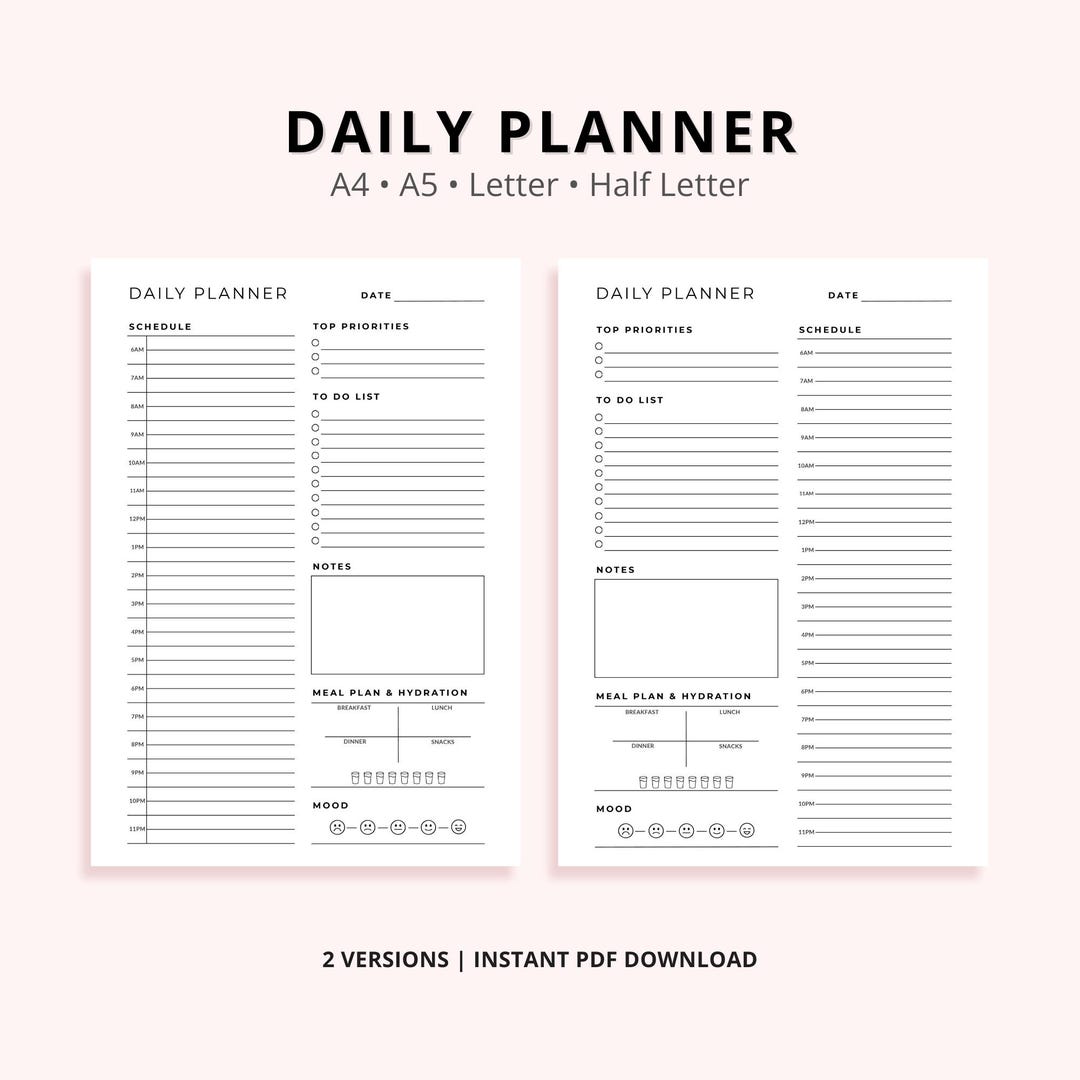 Daily Planner Printable, Minimalist Layout, A4 A5 Letter & Half Letter ...