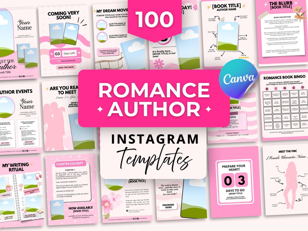 Romance Author Instagram Templates | 100 Pink Canva Book Promotion Kit ...