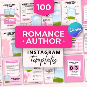 Può includere: Una raccolta di 100 modelli Instagram rosa e bianchi per autori di romanzi. I modelli includono design per la promozione di libri, eventi per autori e countdown. Il logo Canva è visibile. Il testo include "Romance Author" e "Instagram Templates".