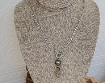 Paperclip Chain Charm Necklace with Tahitian Black Pearl and mother-of-pearl Charms, Silver Paperclip pendant Pearl Charm Necklace.