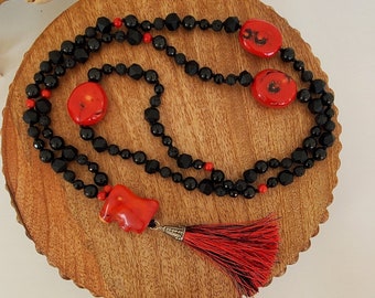 Red Coral, Onyx and Lava Mala Necklace with handmade silk tassel, 108 Bead Mala, Meditation Beads, Yoga Jewelry, Prayer Beads, Japa Mala.