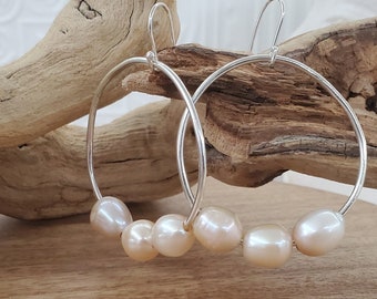 Genuine pink fresh-water pearl hoop earrings, Beaded pearl Hoop Earrings, Huge baroque pearl and silver hoop earrings, Pink pearl jewelry.