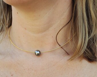 Tahitian Black Pearl Choker Necklace, Tahitian Pearl Solitary Necklace, Pearl Choker Necklace, wire gold choker necklace.