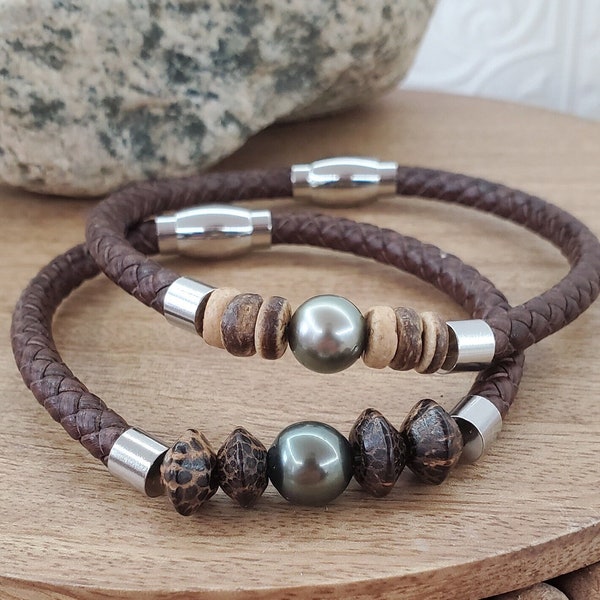 Bracelet homme en cuir et perle noire de Tahiti avec perles de bois de coco, bracelet unisexe en cuir de perle de Tahiti et bois