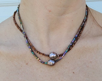 Eye-Catching Pearl and Hematite Necklace, Glittery Pearl and Gemstone necklace, Summer Jewelry.