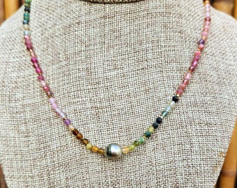 Natural Tourmaline Bead Necklace with Tahitian Black Pearl – 16.5” AAA Gemstone and Gold Accented Jewelry, Tourmaline Jewelry, Black Pearl
